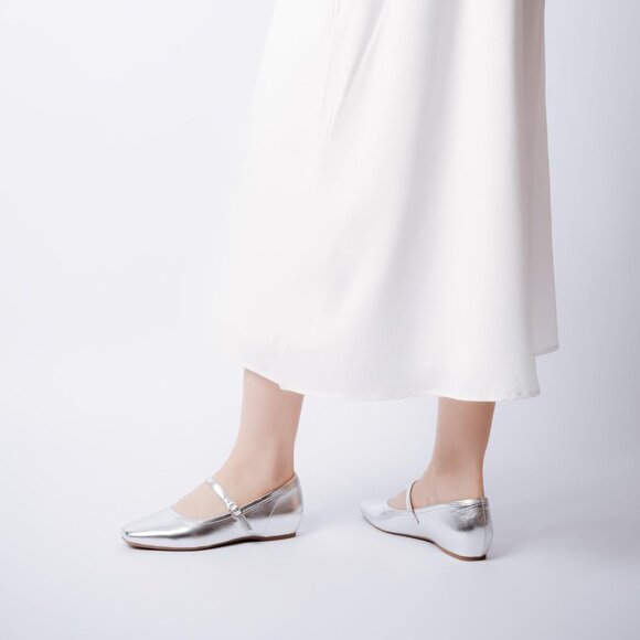 Women Silver Faux Leather Arch Support and Concealed Low Wedge Heel Ballet Flats - Picture 4 of 6